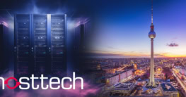Beitragsbild zur News "hosttech mit neuem Serverstandort in Berlin" Links im Bild Serverracks und das hosttech-Logo, rechts daneben eine Luftaufnahmen von Berlin.